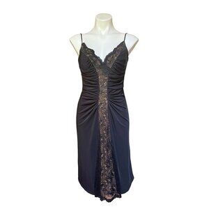 Tadashi Shoji Vintage 90s Women's Ruched Slip Dress Lace Panel Black Medium